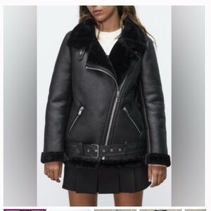 Zara Black Shearling-Lined Leather Biker Jacket